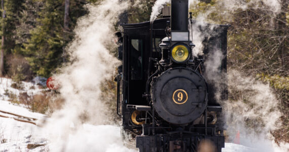 The train comes alive in winter, creating a steamy sensation at the WW&F Railway Museum in Alna, Maine.