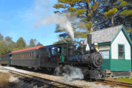 WW&F Locomotive 9 and train arriving at Alna Center Locomotive number 9 rides the rails of the WW&F Railway in Alna, Maine.