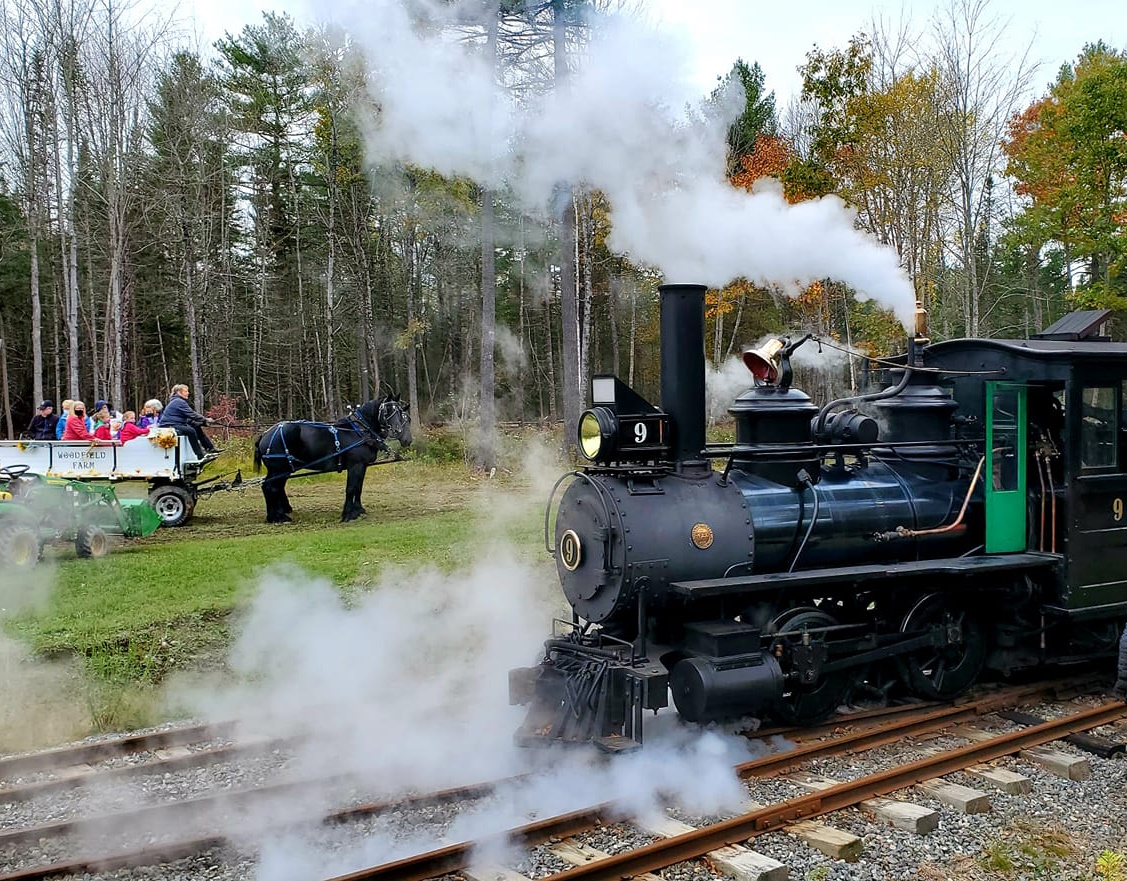 A horse wagon awaits to bring steam train passengers to SeaLyon Farm for a fun activity.