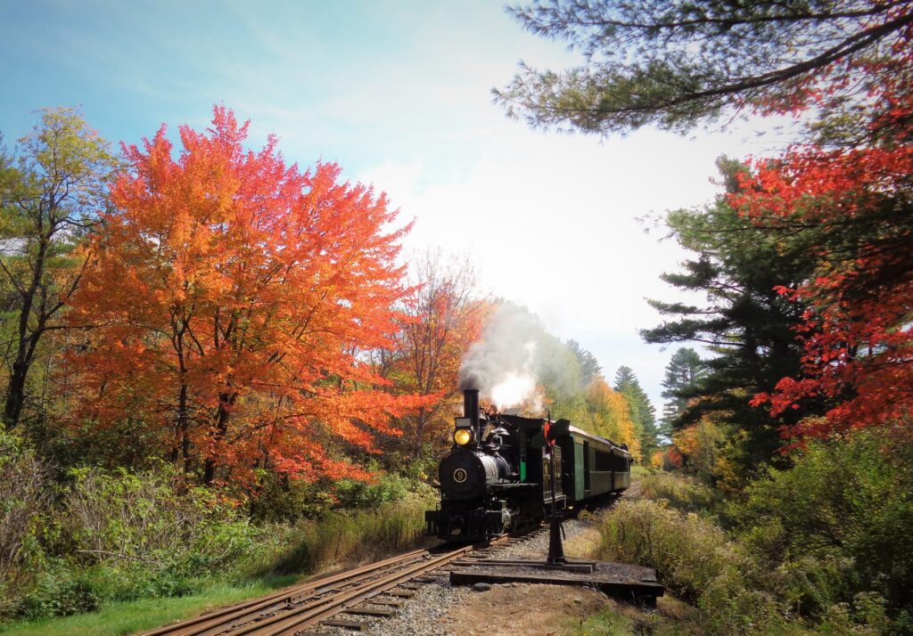 Ride the Autumn Sunset Steam Train at the WW&F Railway Museum in Alna, Maine.