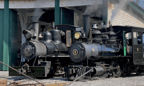 WW&F locomotive 9 and ML&M 11 in front of the engine house at the WW&F Railway Museum in Alna, Maine.