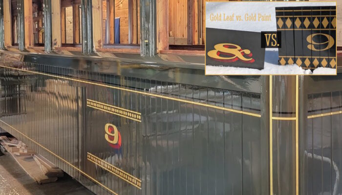 Close up of the finished and varnished gold leaf applied on Coach 9 being built at the WW&F Railway Museum in Alna, Maine.