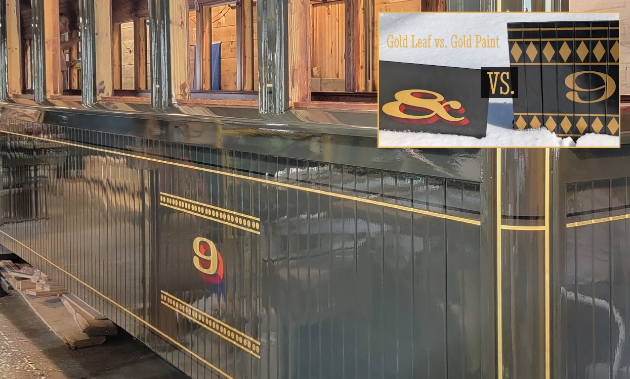 Close up of the finished and varnished gold leaf applied on Coach 9 being built at the WW&F Railway Museum in Alna, Maine.