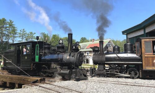 WW&F locomotive 9 and ML&M 11 in front of the engine house at the WW&F Railway Museum in Alna, Maine.