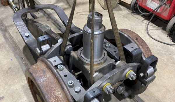 Locomotive 11's front truck Front truck for Locomotive 11 being built at the WW&F Railway in Alna, Maine.