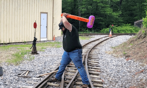 Dan with the Inflatable Hammer It's hammer time? at the WW&F Railway Museum in Alna, Maine.