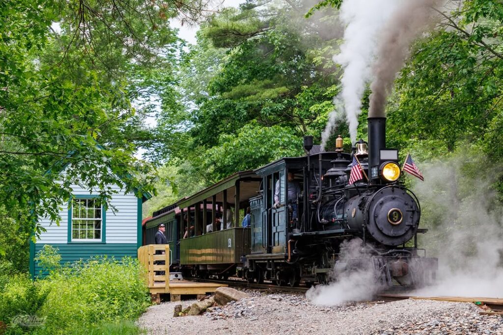 A WW&F steam excursion train arrives at Trout Brook station in Alna, Maine.