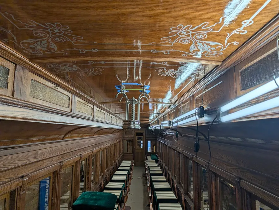 Test fitting has been done on the first ceiling lamp being installed in Coach 9 at the WW&F Railway Museum in Alna, Maine.