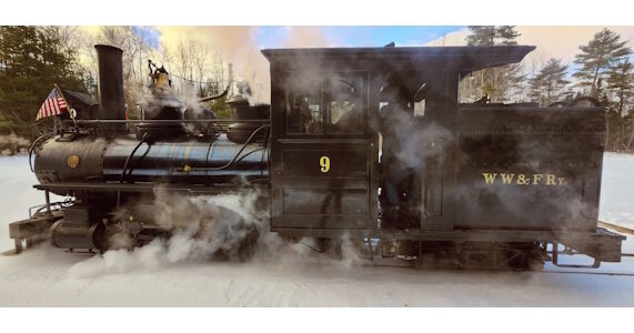 A steam train in the snow is a spectacular sight at the WW&F Railway in Alna, Maine.