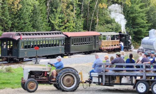 SeaLyon Farm Tractor meets historic steam train at the WW&F Railway Museum in Alna, Maine.
