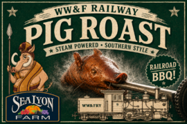 Ride the Pig Roast Express to SeaLyon Farm aboard the WW&F Railway in Alna, Maine.