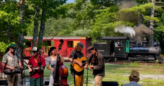 Ride the historic narrow gauge steam train to an outdoor concert at the WW&F Railway Museum in Alna, Maine.