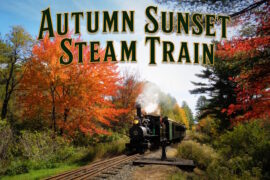 Sheepscot Valley Autumn Sunset Steam Train Ride the Sheepscot Valley Autumn Sunset Steam Train at the WW&F Railway in Midcoast Alna, Maine.